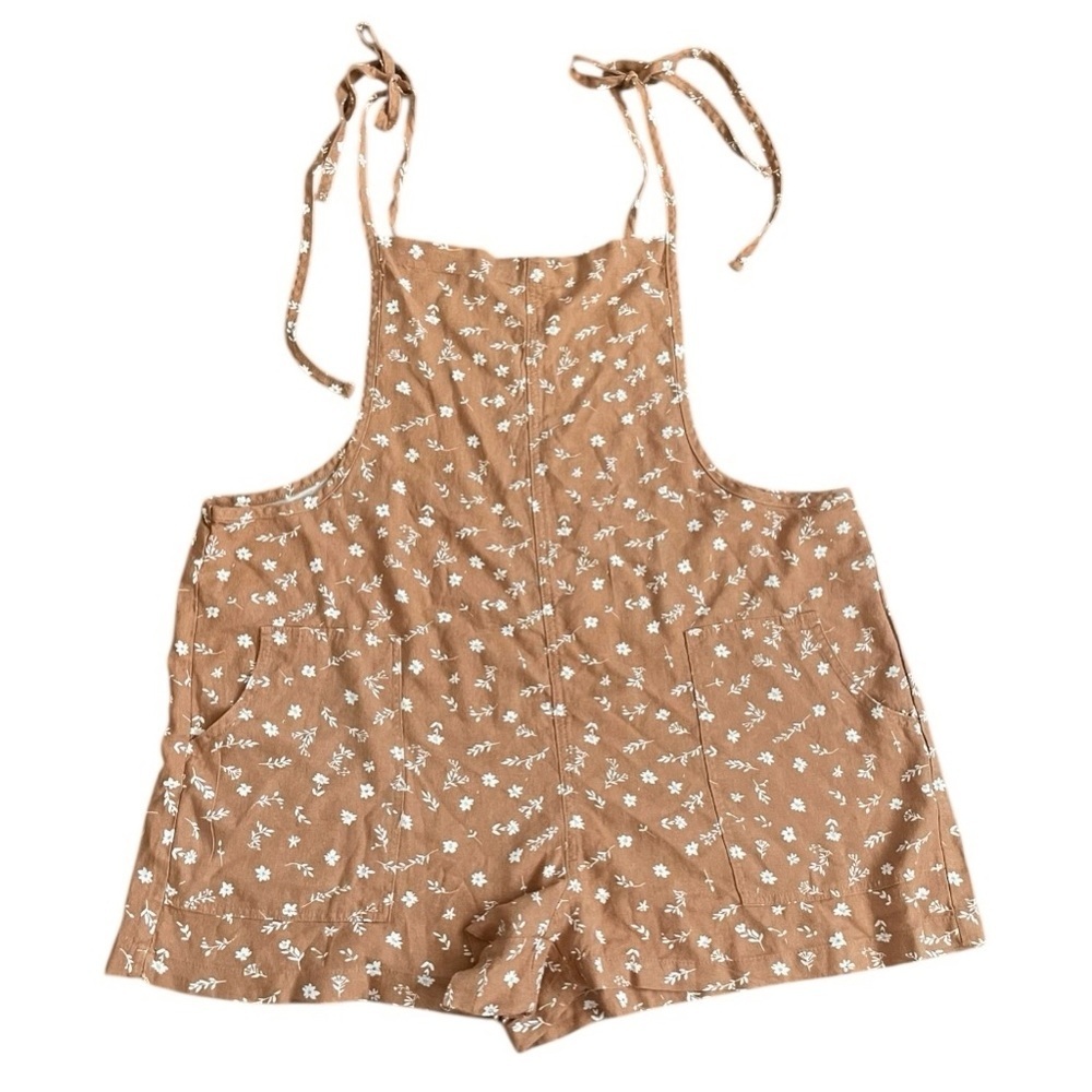 Vanilla Star Romper Overall XL Linen Ditsy Floral Tan White Tie Strap new casual